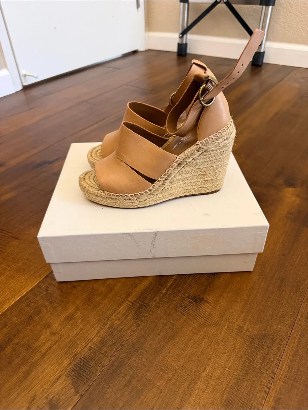 Treasure&Bond Women’s Tan Espadrille Wedge Sandals - Classic Leather Ankle Strap